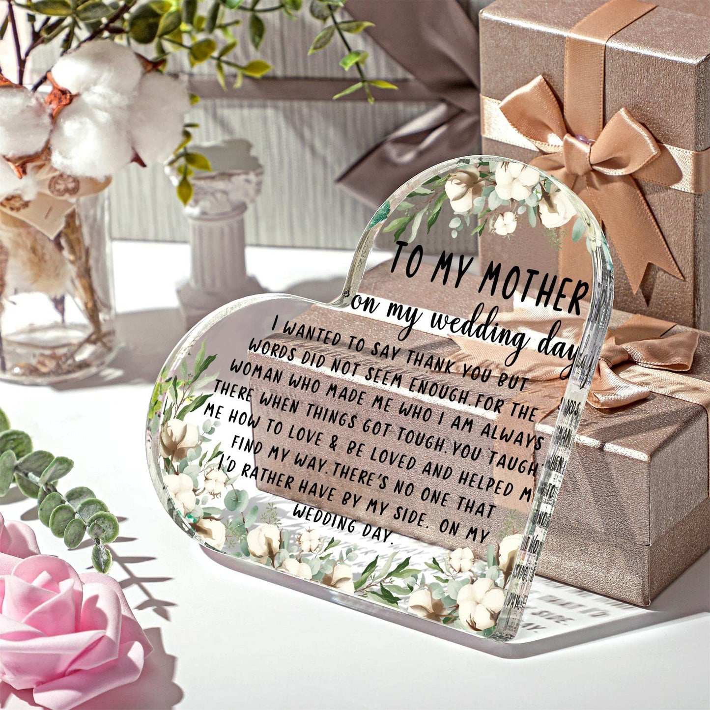 Chunful Acrylic Heart Keepsake Wedding Gift from Daughter, Gifts for Mother of the Bride - Decorative Heart(Eucalyptus Cotton)