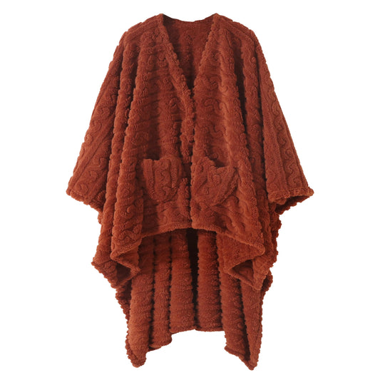 Wearable Blanket Poncho Cape Wrap for Adult, Cozy Sherpa Fleece Pocketed Shawl TV Throw Blankets for Office and Lounge(Caramel,58'' x 64'')
