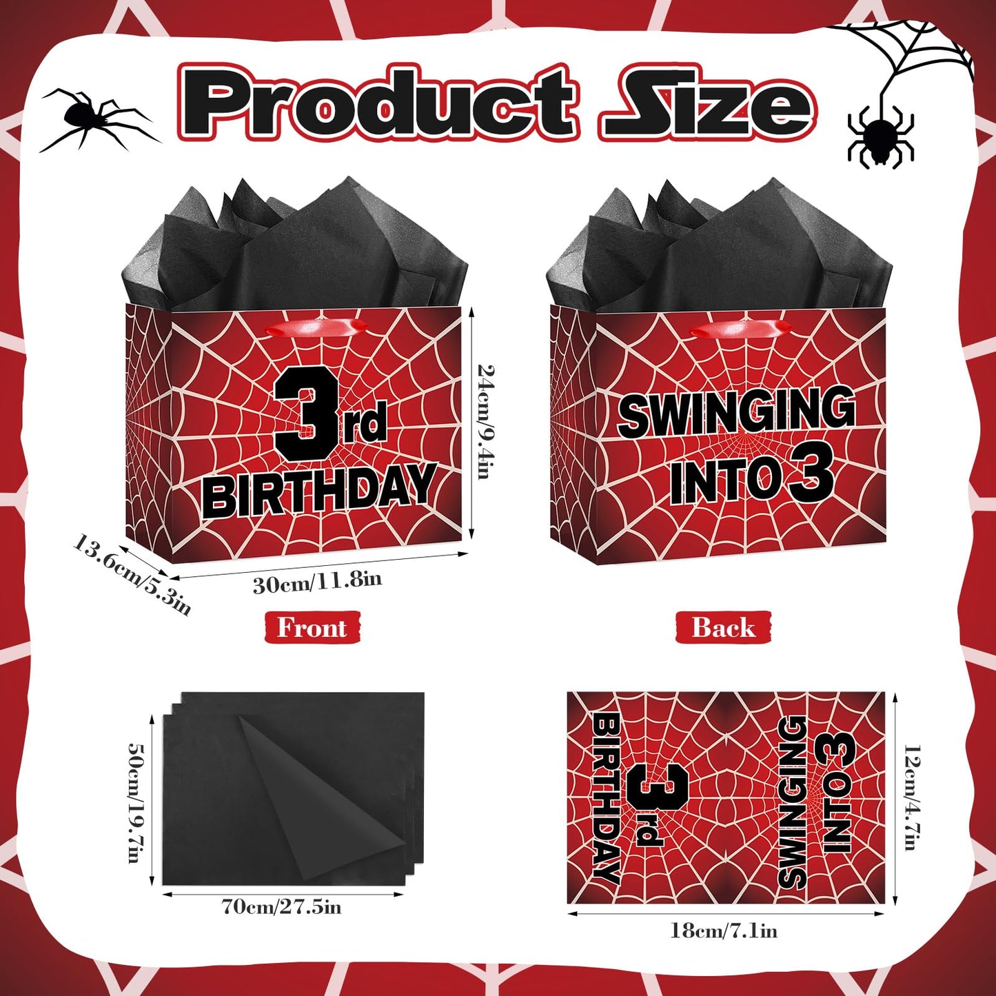 MOORIIY Spider 3rd Birthday Gift Bag with Card and Wrapping Paper, Spider 3rd Birthday Wrapping Paper Bag for Boys Red Black 3 Years Old Spider Web Bdy Decorations Supplies 11.8 x 9.4 x 5.3 inches