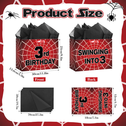 MOORIIY Spider 3rd Birthday Gift Bag with Card and Wrapping Paper, Spider 3rd Birthday Wrapping Paper Bag for Boys Red Black 3 Years Old Spider Web Bdy Decorations Supplies 11.8 x 9.4 x 5.3 inches