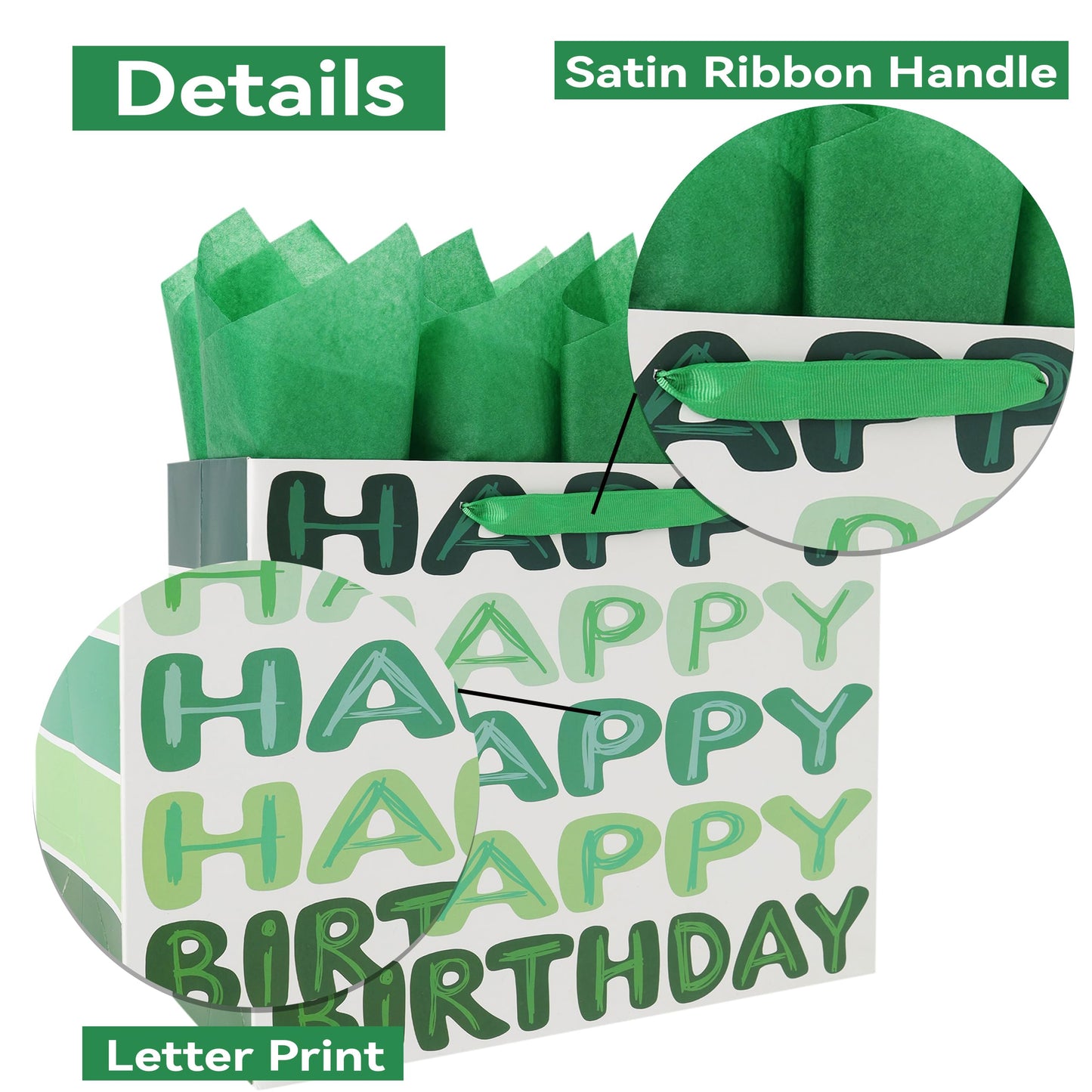 Qirrmiy 13'' Large Green Happy Birthday Gift Bag Set with Handles, Greeting Card, Tissue Papers and Stickers for Women Girls Men Boys Kids Teens, Words Design, 1 Pcs