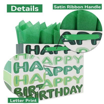 Qirrmiy 13'' Large Green Happy Birthday Gift Bag Set with Handles, Greeting Card, Tissue Papers and Stickers for Women Girls Men Boys Kids Teens, Words Design, 1 Pcs