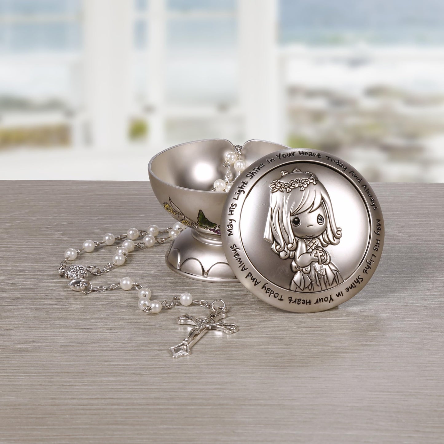 Precious Moments Rosary Communion Gift, May His Light Shine in Your Heart Today & Always Girl First Communion Rosary & Silver Zinc Alloy Rosary Box