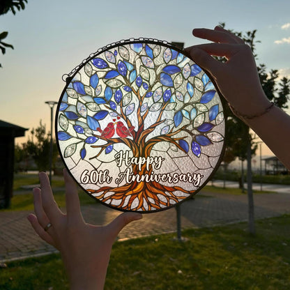 60th Wedding Anniversary Stained Glass Suncatcher, 6x6' Diamond Anniversary Decorations, 60th Celebration Marriage Gifts for Parents, Couple, Wife & Husband, 60 Wedding Milestone Keepsake