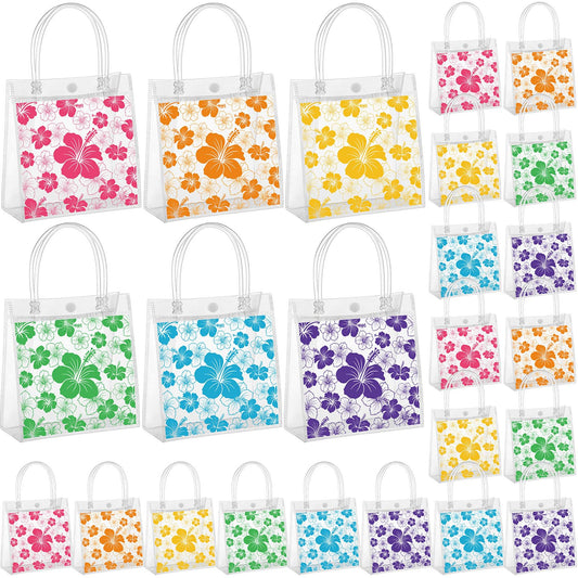 SilTriangle 36 Pcs Hawaiian Clear Gift Bags Luau Party Favors with Handles Bag 6.3 x 5.91 x 2.76 Inches Hibiscus PVC Goodie Bag Aloha Tropical Tiki Beach Gift Bags for Summer Birthday Party Supplies