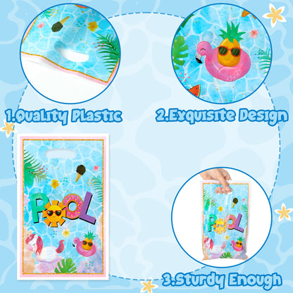 50Pcs Summer Pool Party Favor Bag - Poolside Party Flamingo Plastic Waterproof Goodie Bag Beach Ball Party Rectangular Gift Bags for Kids Birthday Baby Shower Decoration Party Favors Supplies