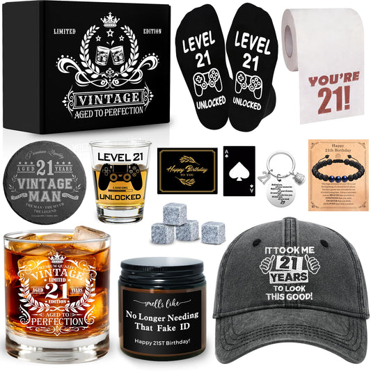 16 Pcs Happy 21st Birthday Gifts for Him, 21 Year Old Boy Birthday Party Gifts with 11 Oz Whiskey Glass 1.7 Oz Shoot Glass Coaster Hat Socks for Men, Son, Nephew, Grandson, Brother, Boyfriend, Friends