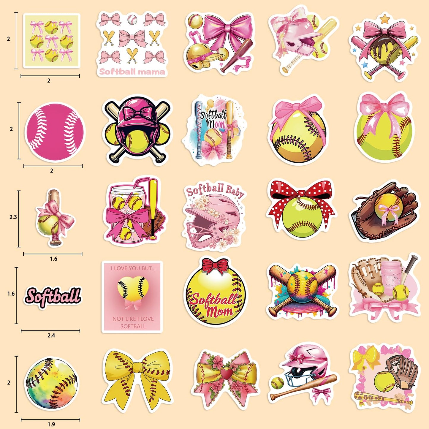 50PCS Pink Coquettte Bows Softball Stickers, Cute Motivational Vinyl Waterproof Stickers for Water Bottles,Helmets, Luggage, Teaching Incentives, Softball Gifts for Girls Kids, Teens and Adults