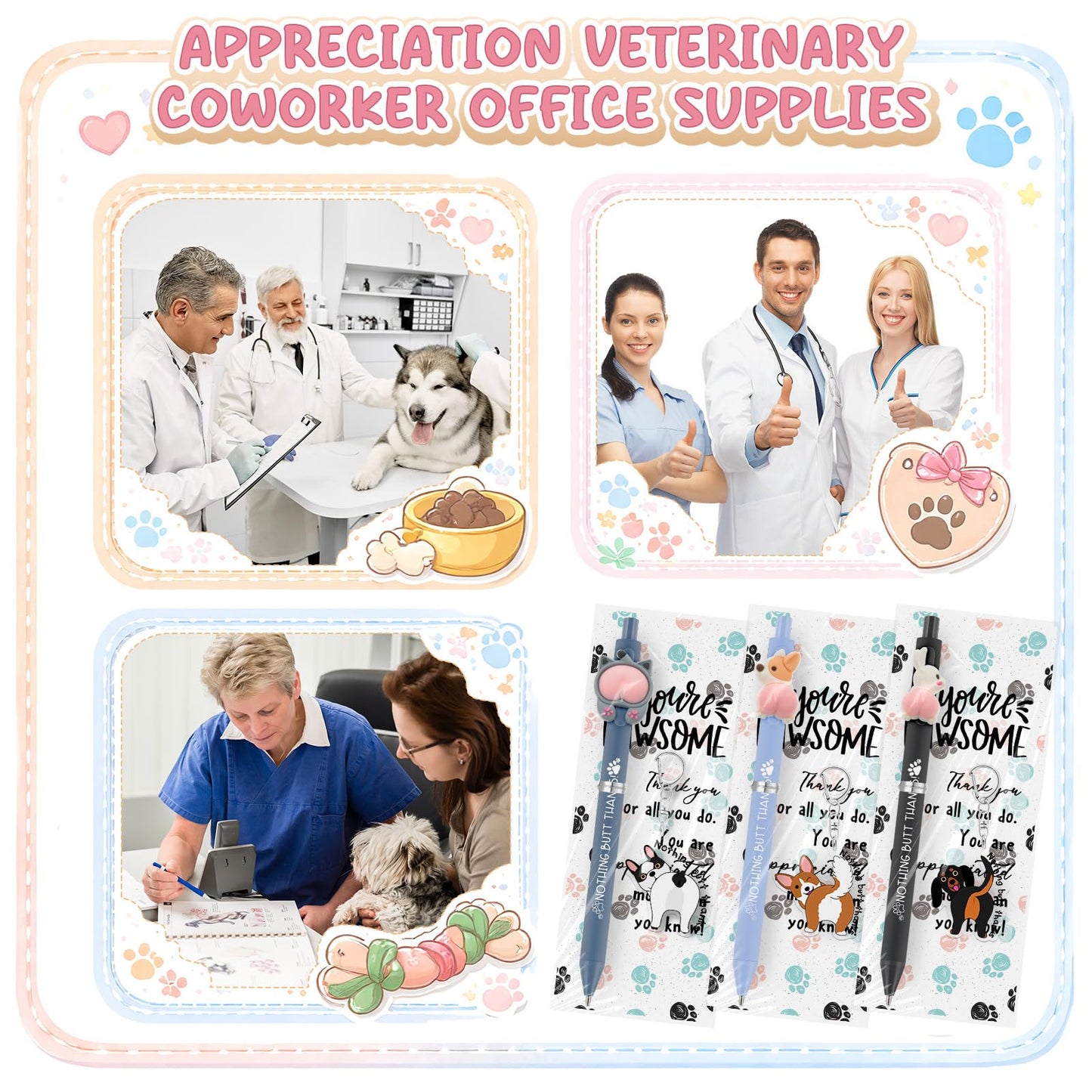 Sayglossy 30 Set Veterinary Assistant Gifts Pens Sets Graduation Vet Tech Appreciation Gifts Animals Pens Keychains Bookmark Thank You Gift Bulk for Veterinary Technician, Nurse, Pet Lover