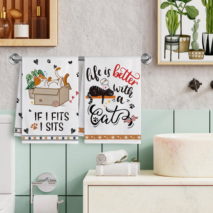 Hexagram Cat Kitchen Towels Set of 4, Cat Lover Gifts for Women, Funny Cute Housewarming Dish Hand Towels for Home Kitchen Decor