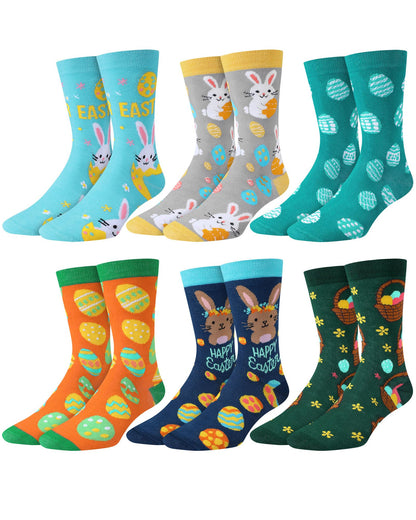 Eurzom 6 Pairs Funny Men's Easter Socks Bunny Eggs Pattern Crew Socks Spring Easter Basket Stuffers Gifts Size 7-12