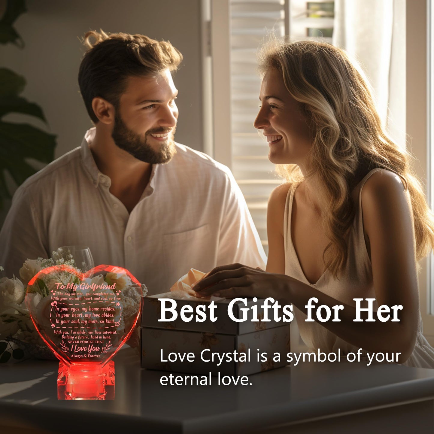 Unique Gifts for My Girlfriend, Love Crystal Gift for Girlfriend Christmas Day Birthday, Engraved Crystal Heart with Rechargeable Color-Changing LED Base, Perfect Christmas Gifts (Girlfriend)