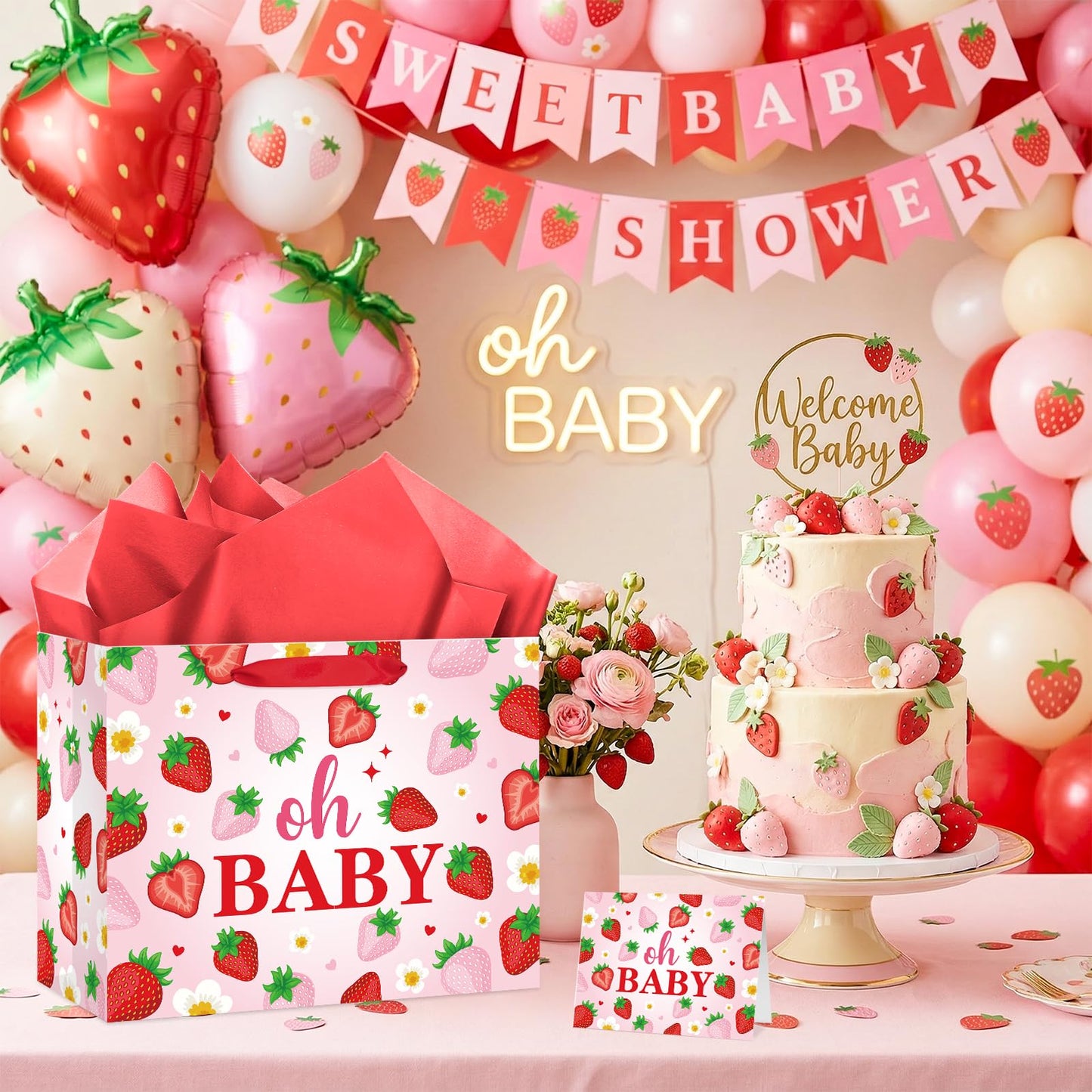 Woosytoo Strawberry Baby Gift Bag with Card Tissue Papers, Pink Berry Baby Shower Wrapping Paper Bag Oh Baby Present Bags for Newborn Congratulations Gifts Gender Reveal Party Favors
