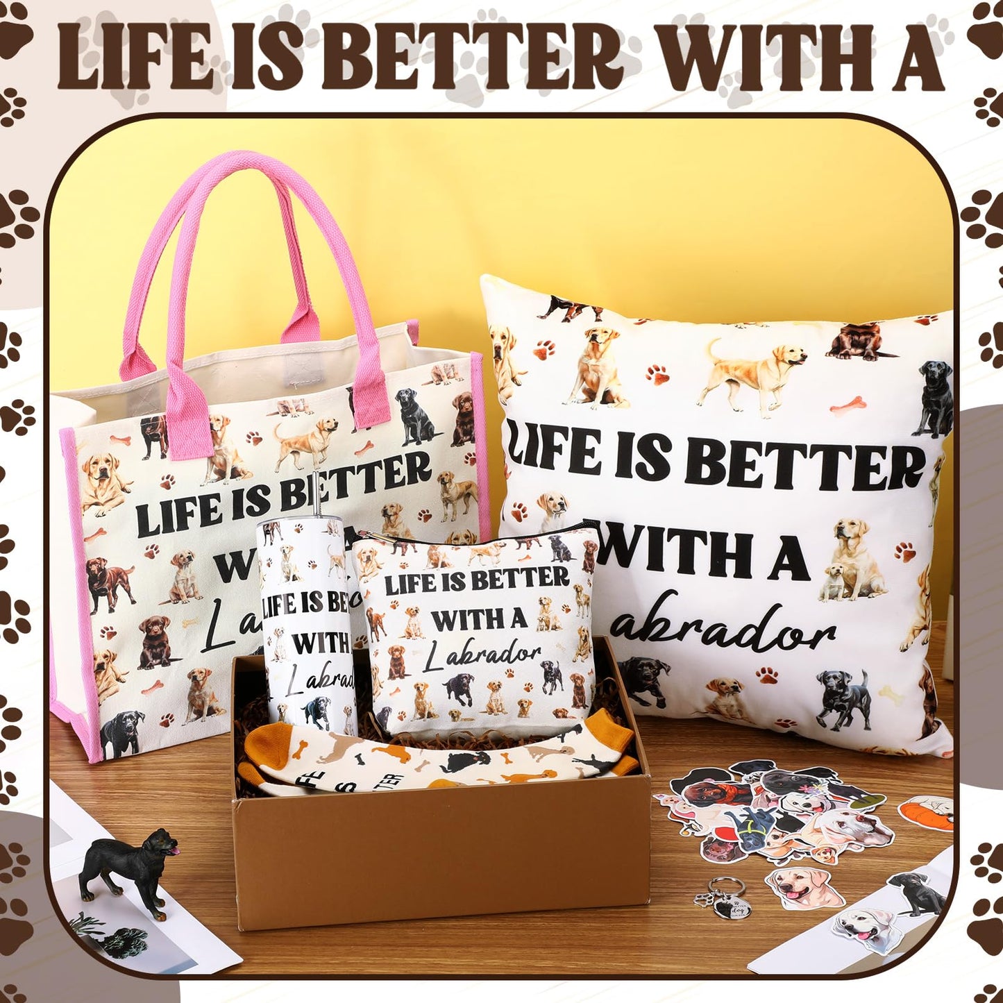 Patelai 56 Pcs Labrador Retriever Gift Set for Dog Mom, Tote Bag 20oz Stainless Tumbler Cosmetic Bag Sock Pillow Cover Keychain 50 Sticker for Women Labrador Lover Gift Dog Mothers Day Party Favors