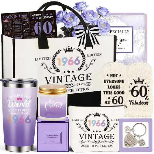 60th Birthday Gifts for Women, Vintage 1966 Happy 60th Birthday Gifts Basket for Women Unique Gift Idea for 60 Year Old Female, Mom, Wife, Grandma, Meaningful Birthday Gift Turning 60 Year Old, Purple