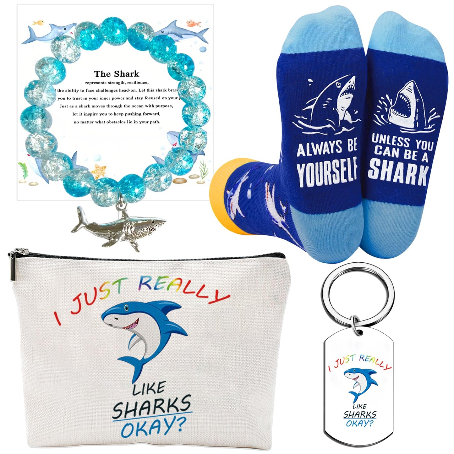 Shark Gifts for Women – 4 PCS Set Includes Makeup Bag, Socks, Bracelet, and Keychain – Funny Shark Gifts for Ocean Lovers, Girls, Birthday or Christmas