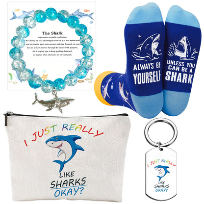 Shark Gifts for Women – 4 PCS Set Includes Makeup Bag, Socks, Bracelet, and Keychain – Funny Shark Gifts for Ocean Lovers, Girls, Birthday or Christmas