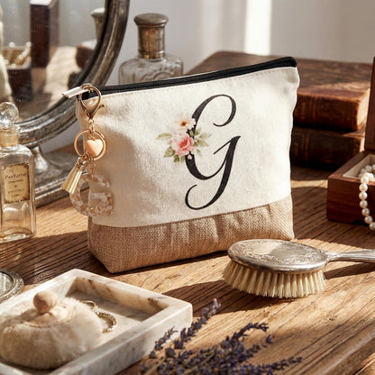 Kacctyen Initial Letter Gifts for Women Initial Letter Jute Tote Bag Makeup Bag Mug Keychain Card Birthday Holiday Gifts(G)