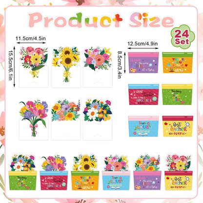 FOIMAS 24 Pack Teacher Appreciation Gift Card Holders Flower Teachers Gift Cards Money Holders Greeting Cards for End of School Year Graduation Teacher Appreciation Gift