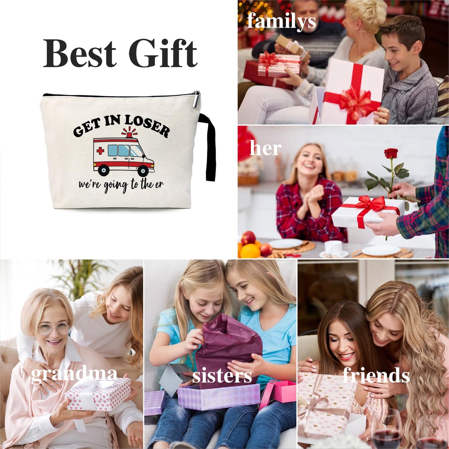 Get In Loser We're Going To The ER Funny Canvas Zipper Makeup Bag, Travel Accessories Storage Toiletries Bag, Gifts for Paramedic Emergency Medical Technician Ambulance Technician Nurse EMT