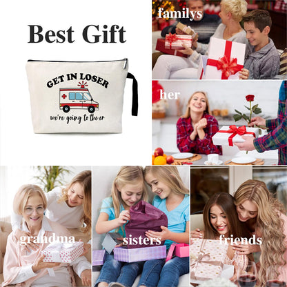 Get In Loser We're Going To The ER Funny Canvas Zipper Makeup Bag, Travel Accessories Storage Toiletries Bag, Gifts for Paramedic Emergency Medical Technician Ambulance Technician Nurse EMT