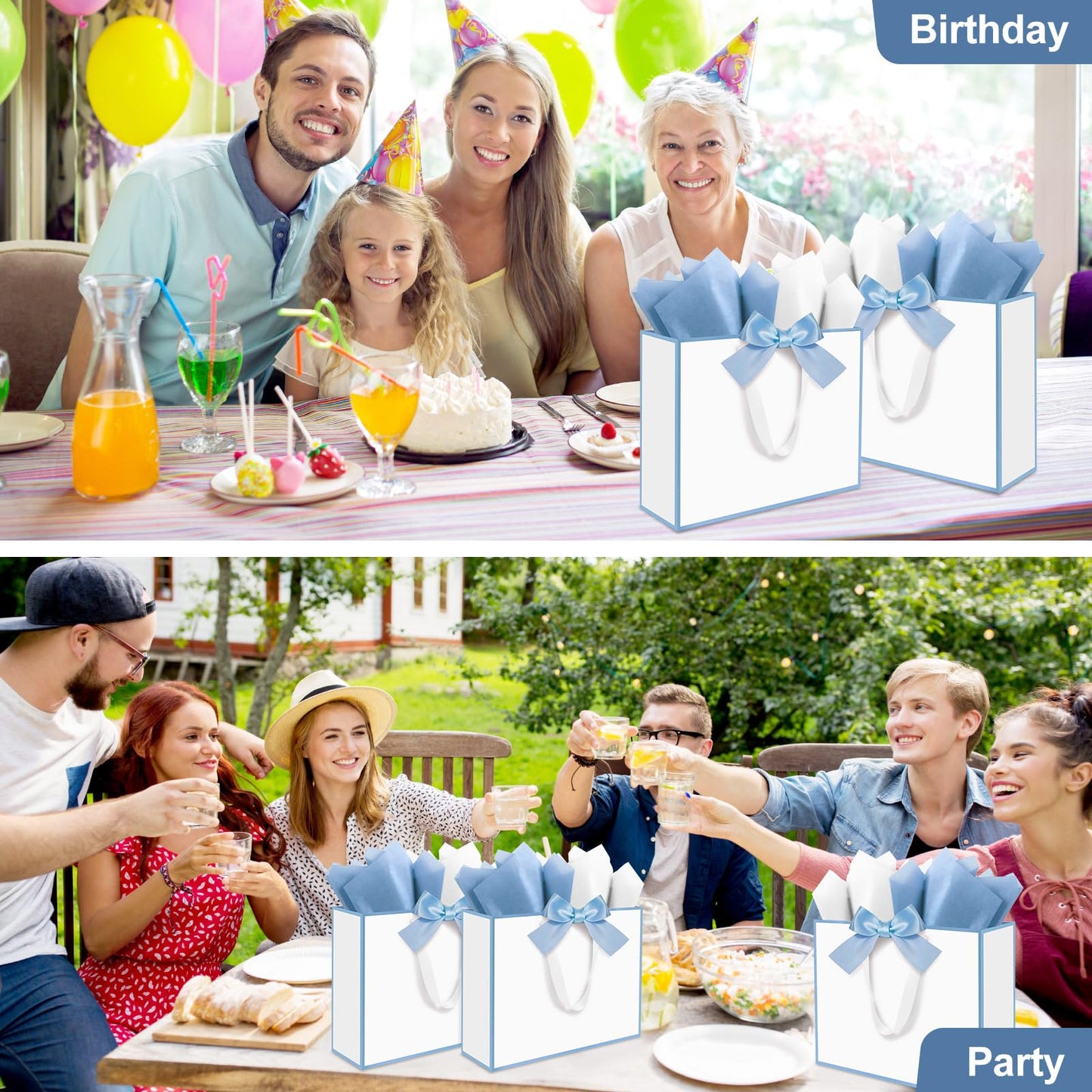 Ethhqu 3 Pack Elegant Large Gift Bags with Handles, 12.6x10x4 Inch - Set Includes Tissue Paper & Cards for Birthday, Baby Shower, Wedding, Anniversary, Mothers Day & Holiday Gifts (3Pcs White with Blue Rim)