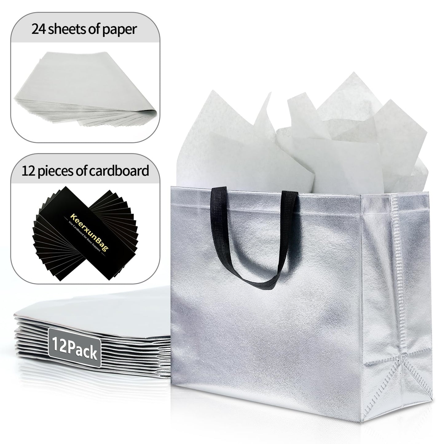 KeerxunBag 12Pcs Reusable Gift Bags（Includes Tissue Paper） Gift bag with handle Birthdays Parties Holidays Weddings Medium 13x5x11in Silver Gift Bags
