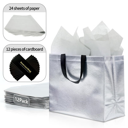 KeerxunBag 12Pcs Reusable Gift Bags（Includes Tissue Paper） Gift bag with handle Birthdays Parties Holidays Weddings Medium 13x5x11in Silver Gift Bags