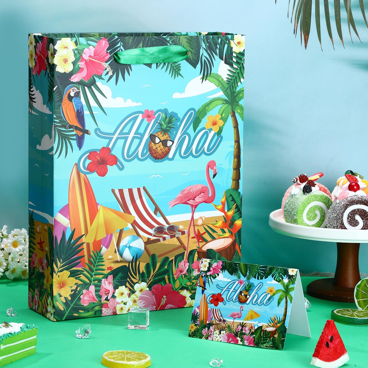 Summer Hawaiian Gift Bag, Aloha Beach Birthday Wrapping Paper Bag with Card Tissue Paper Tropical Luau Gift Bag for Retirement Weddings Bridal Showers Baby Showers Hawaii Party Decorations Supplies