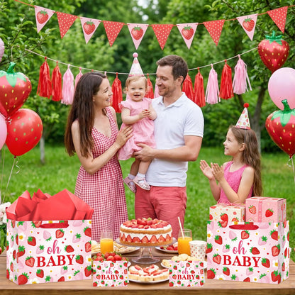 Woosytoo Strawberry Baby Gift Bag with Card Tissue Papers, Pink Berry Baby Shower Wrapping Paper Bag Oh Baby Present Bags for Newborn Congratulations Gifts Gender Reveal Party Favors