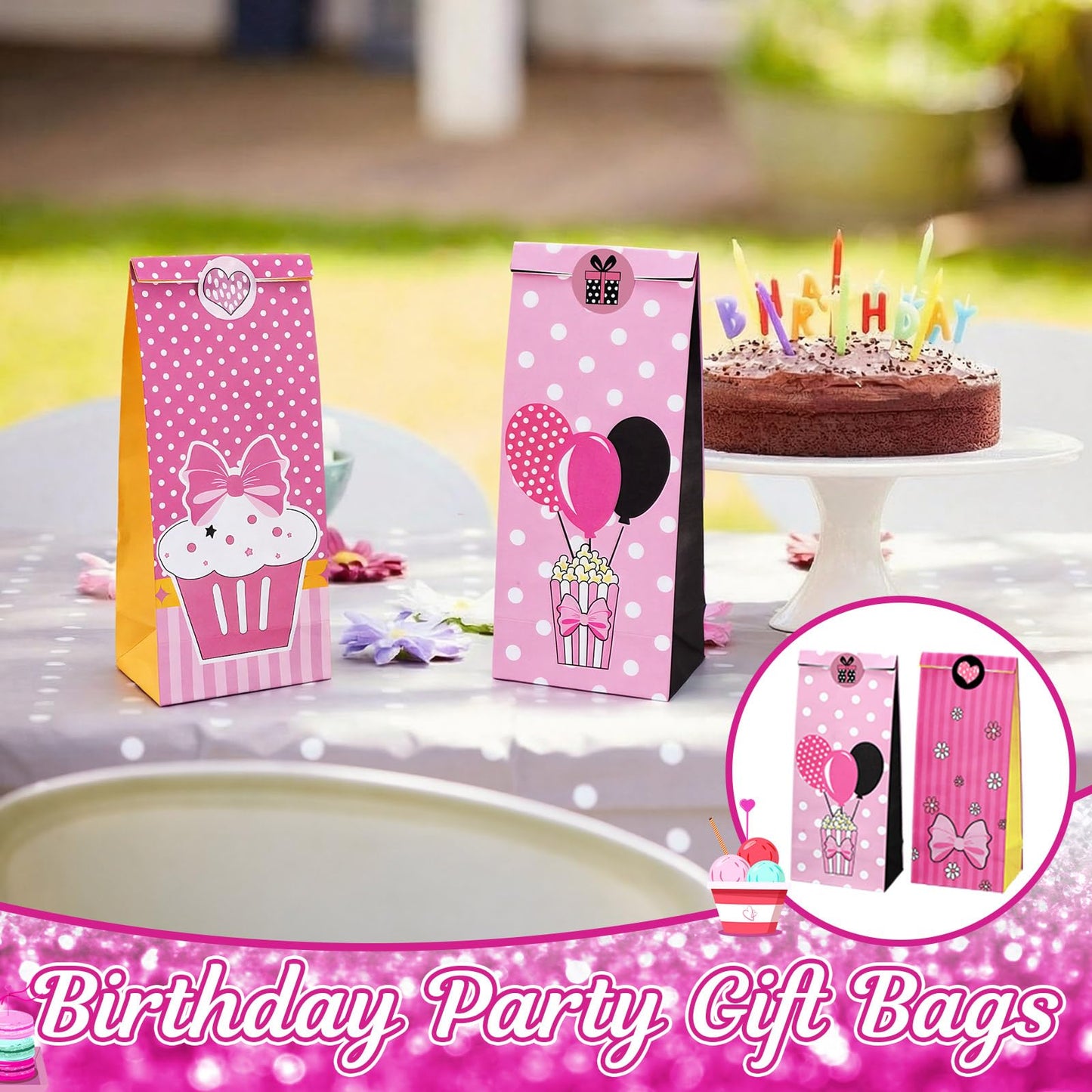 Motiskyy 30 Pcs Pink Mouse Birthday Party Favor Bag with Stickers 8.66" x 4.72" Goodie Bags Gift Bag Paper for Pink Mouse Theme Birthday Decorations Candy Snack Giving Party Supplies, 6 Style