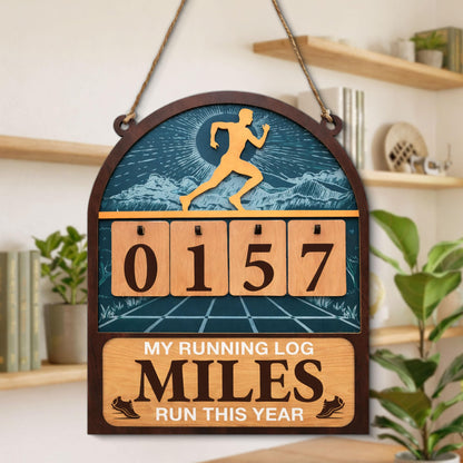 Miles Run This Year Tracker Sign - Wooden Yearly Running Log Counter Home Decor - Running Gifts for Women Men Runners, Marathon Runner Gifts
