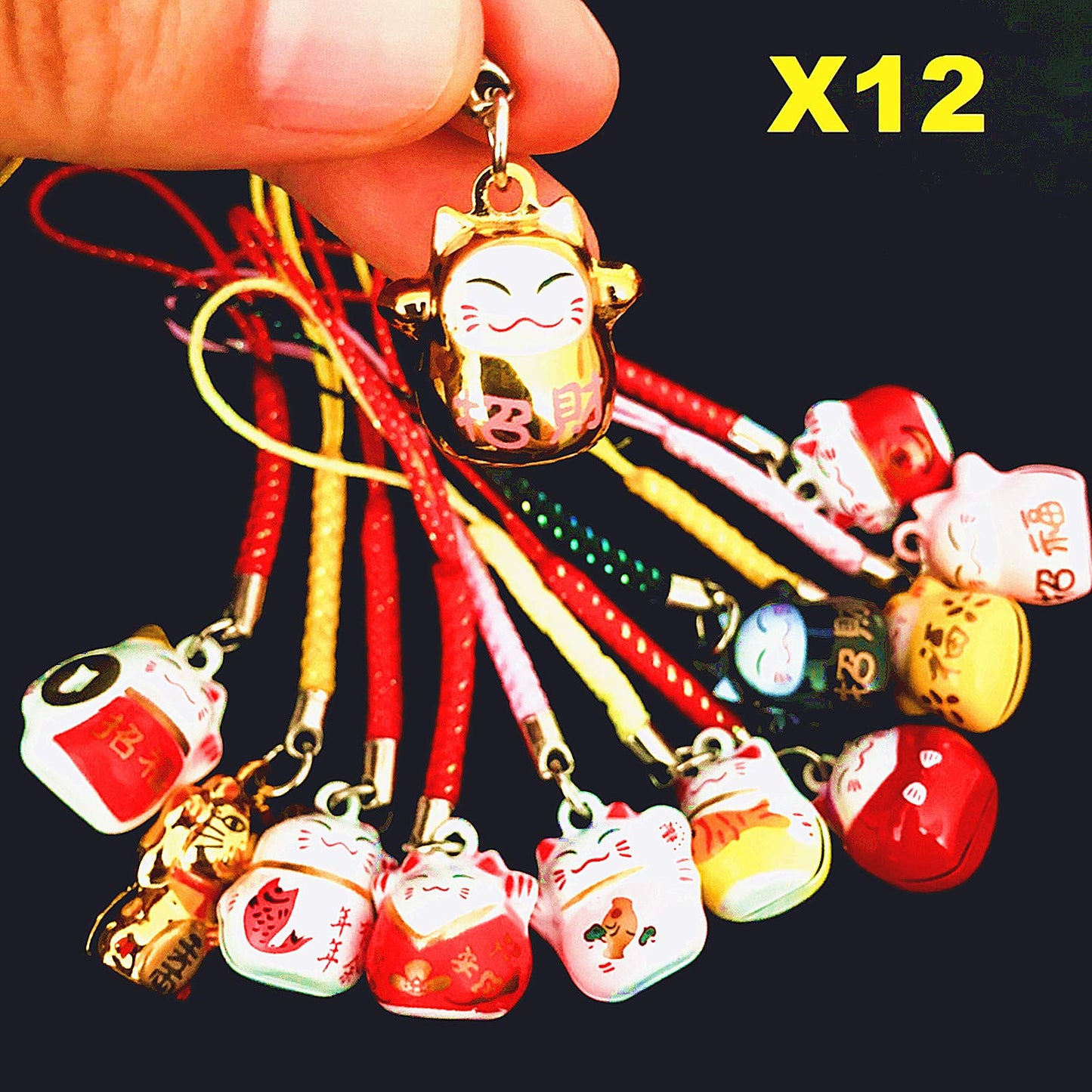 EatingBiting 12PCS Random Fortune Lucky Japanese Beckoning Cat Maneki Neko Keyring Keychain Key Rings, Fengshui Fortune Lucky Cat Kitty Key Chains Keyrings Keychain good health mascot Avoid evil