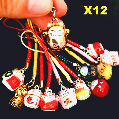 EatingBiting 12PCS Random Fortune Lucky Japanese Beckoning Cat Maneki Neko Keyring Keychain Key Rings, Fengshui Fortune Lucky Cat Kitty Key Chains Keyrings Keychain good health mascot Avoid evil