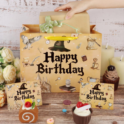 Hooqict Magical Wizard Gift Bag Happy Birthday Gift Wrapping Bag with Handles, Tissue Paper and Greeting Cards for Kids Girls Boys Wizard Birthday Party Supplies Halloween Party Favors