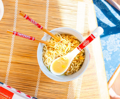 Silver Buffalo Nissin Cup of Noodles “Much More Than a Soup” Ceramic Ramen Bowl Set with Chopsticks and Spoon, 20 Ounces