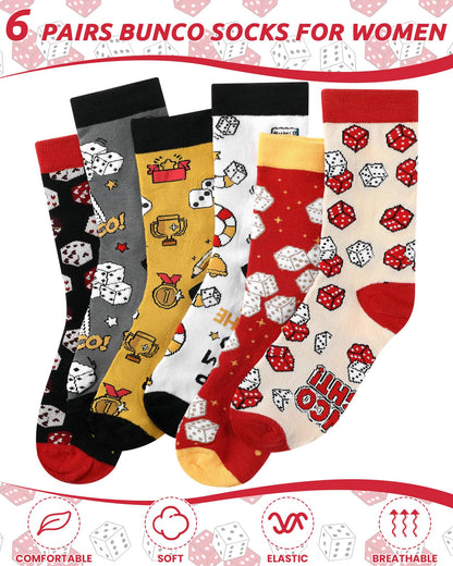 Glitopper 6 Pairs Funny Bunco Socks for Women Novelty Bunco Gifts Dice Crew Socks for Players Mom Friends Dice Game Night Party Gifts