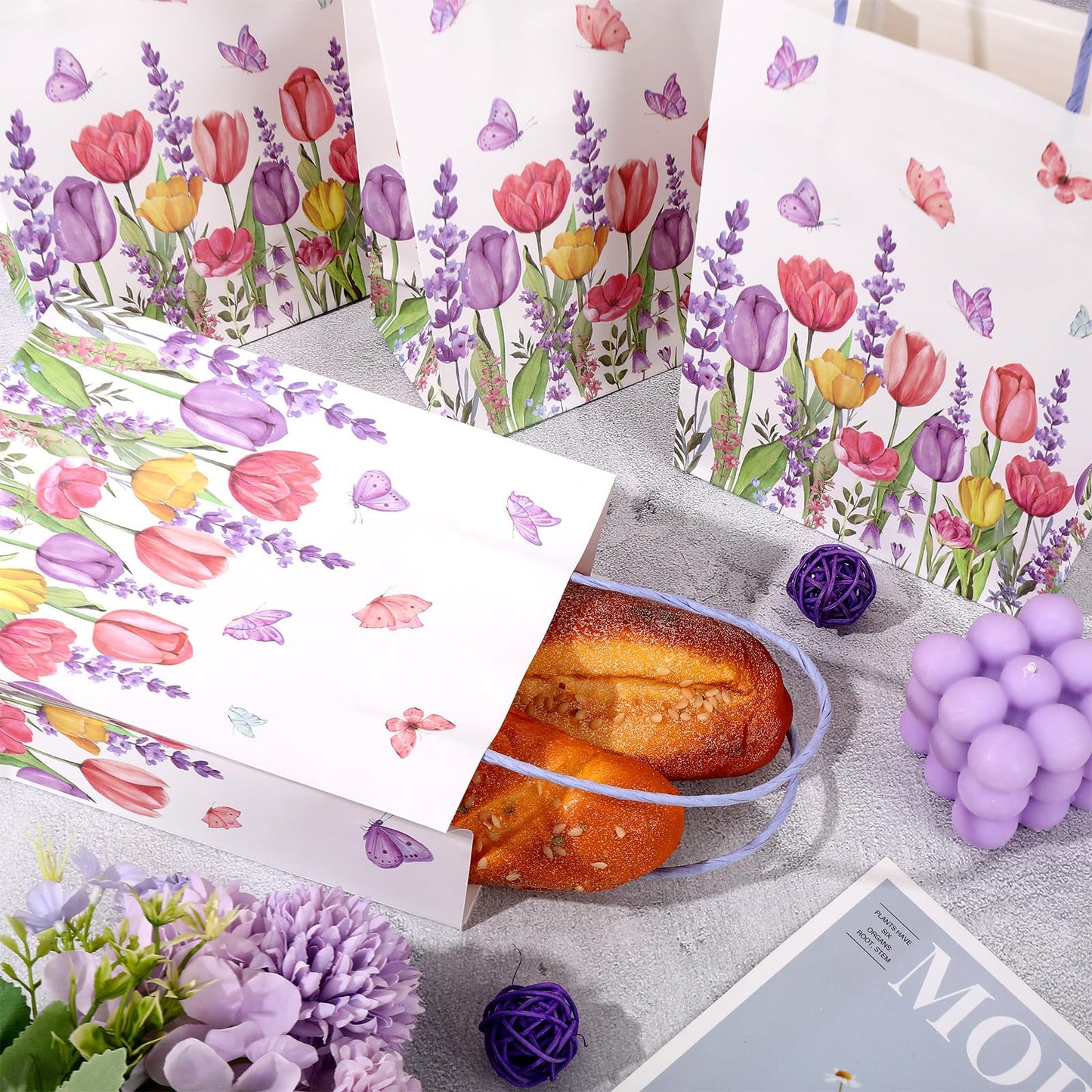 FYSUIMU 24 Pcs Tulips Lavender Floral Paper Gift Bags with 30 Purple Tissue Paper Watercolor Flower Butterfly Treat Bag with Handles for Birthday Baby Shower Wedding Party Favors