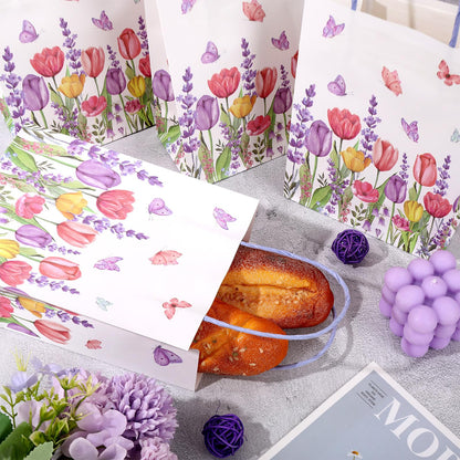 FYSUIMU 24 Pcs Tulips Lavender Floral Paper Gift Bags with 30 Purple Tissue Paper Watercolor Flower Butterfly Treat Bag with Handles for Birthday Baby Shower Wedding Party Favors