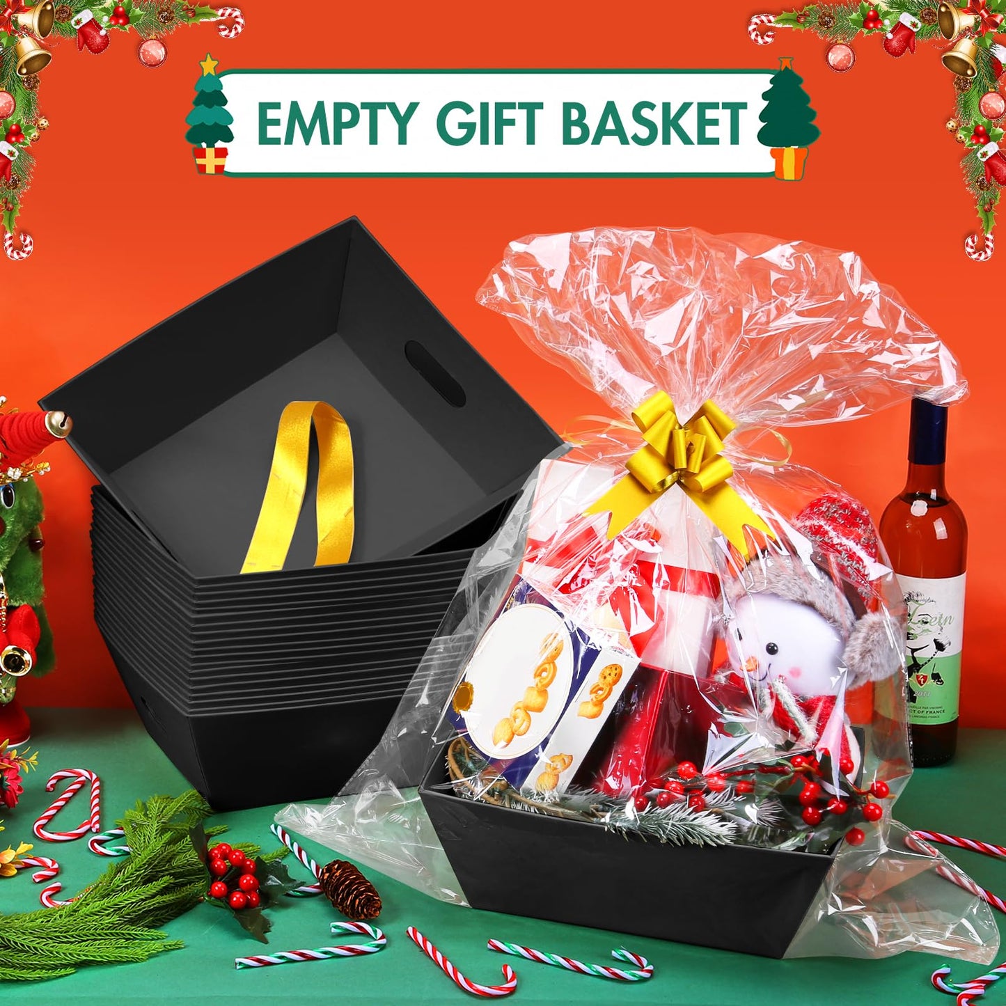 AFOROEOA 6PACK Black Baskets For Gifts Empty, 10x12”Thick Black Gift Basket with 6 Bows 6 Bags Empty Gift Baskets for Christmas Thanksgiving Wedding Birthday Party Wrapping Gift