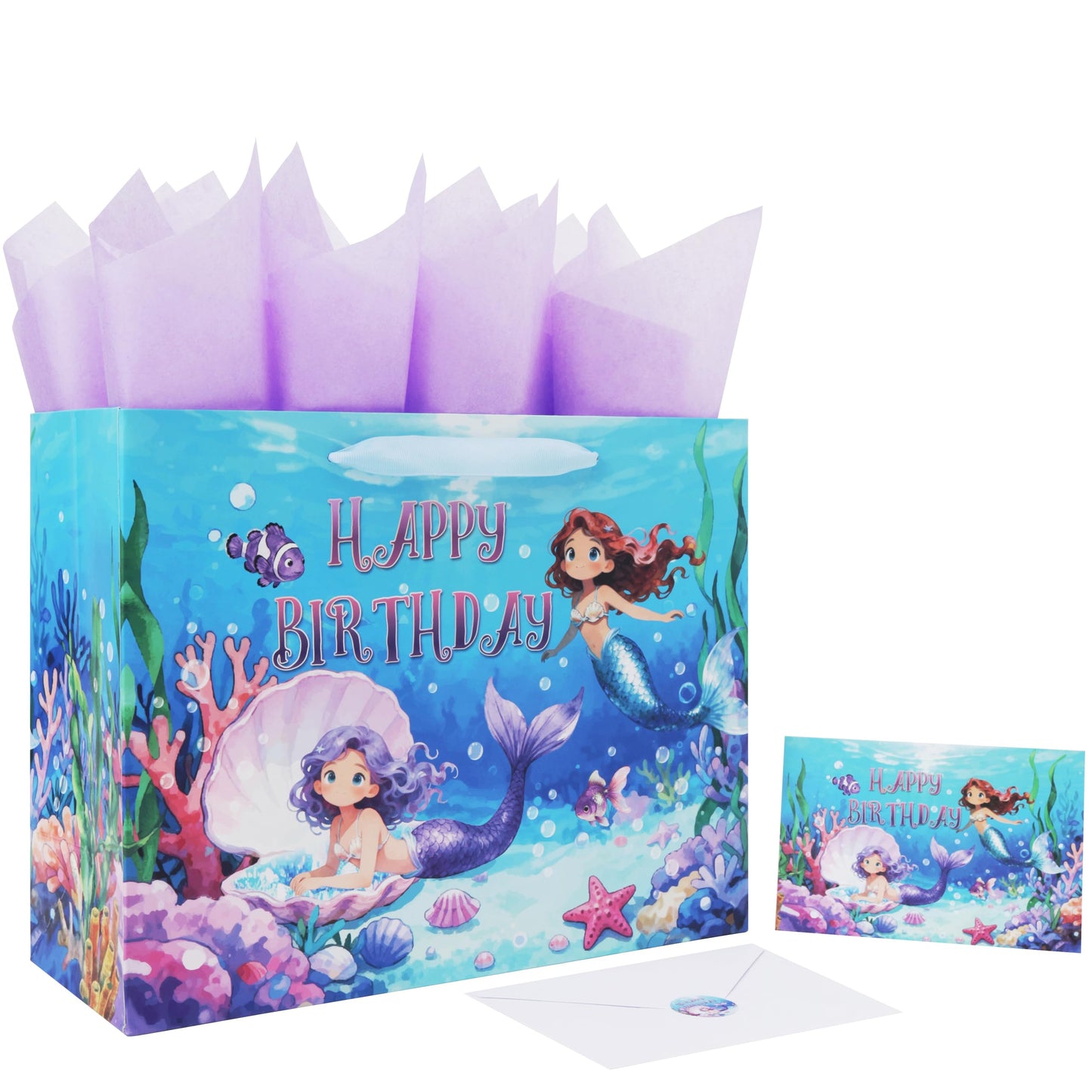 Qirrmiy 13'' Large Mermaids Birthday Gift Bag Set with Handles, Greeting Card, Purple Tissue Papers and Stickers for Kids Girls Women Teens for Birthdays, Mermaids Design, 1 Pcs