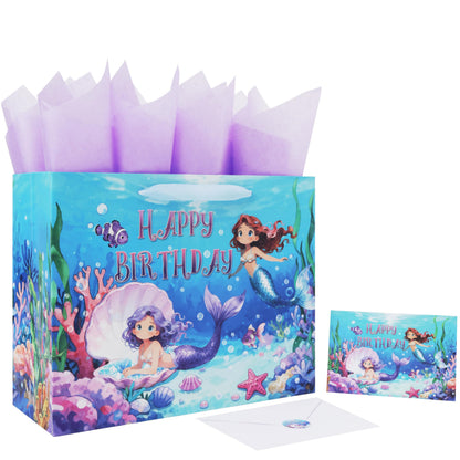 Qirrmiy 13'' Large Mermaids Birthday Gift Bag Set with Handles, Greeting Card, Purple Tissue Papers and Stickers for Kids Girls Women Teens for Birthdays, Mermaids Design, 1 Pcs