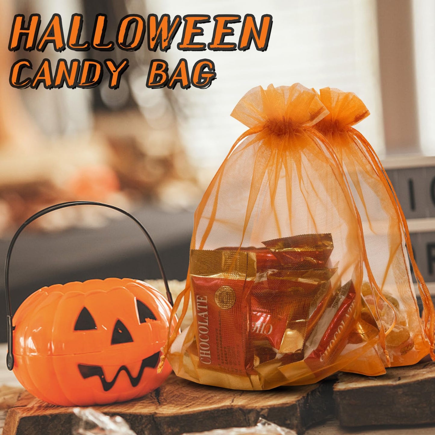 Jexila 100PCS Orange Organza Bags 5X7 inches Easter Drawstring Goodie Candy Treat Bags for Kids Halloween Birthday Party Favor Orange Mesh Gift Bags