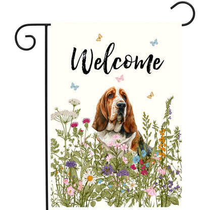Spring Summer Garden Flag Floral Basset Hound Yard Flag Flower Dog Garden Flags for Outside Small Outdoor Welcome Flags 12x18 Double Sided