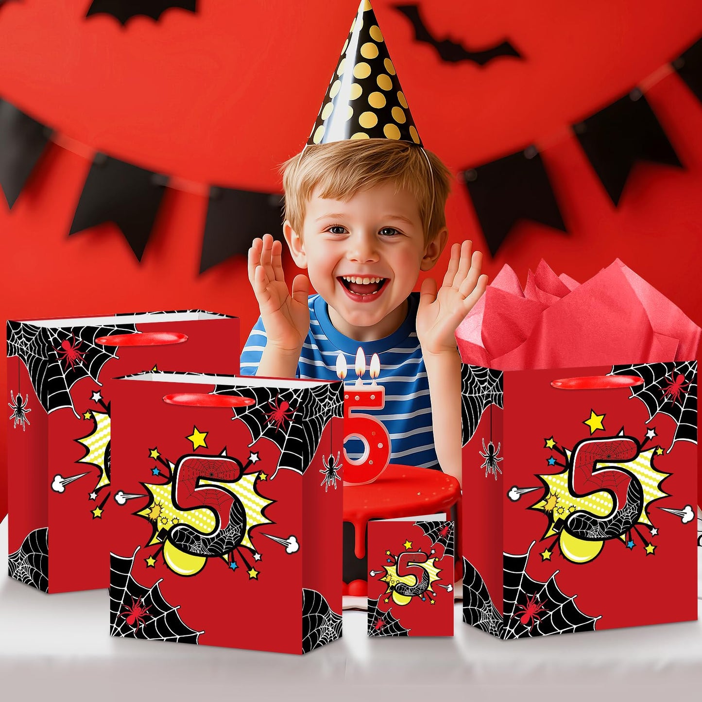 Spider 5th Birthday Gift Bag with Tissue Paper and Card Black Red Spider Web Birthday Gift Wrapping Paper Bag 5 Years Old Treat Candy Bags with Handle for Kids Baby Shower Bday Party Decorations