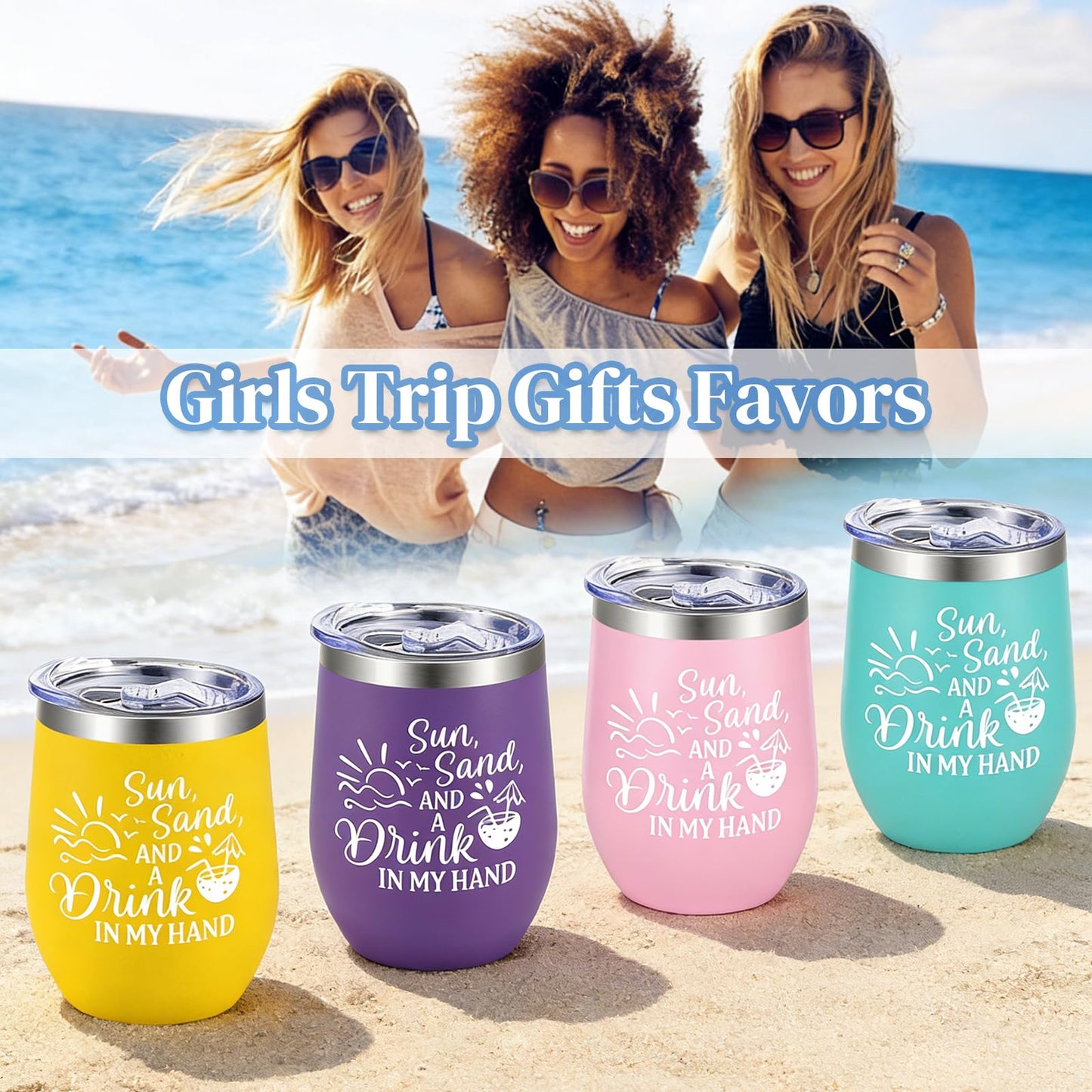 Lifecapido 4Pcs Girls Trip Gifts Favors, Beach 12oz Stainless Steel Wine Tumbler with Lid & Straw, Girls Weekend Trip Gifts Favors for Friends Sister Women Vacation Party(Multicolor)