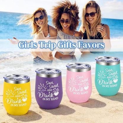 Lifecapido 4Pcs Girls Trip Gifts Favors, Beach 12oz Stainless Steel Wine Tumbler with Lid & Straw, Girls Weekend Trip Gifts Favors for Friends Sister Women Vacation Party(Multicolor)