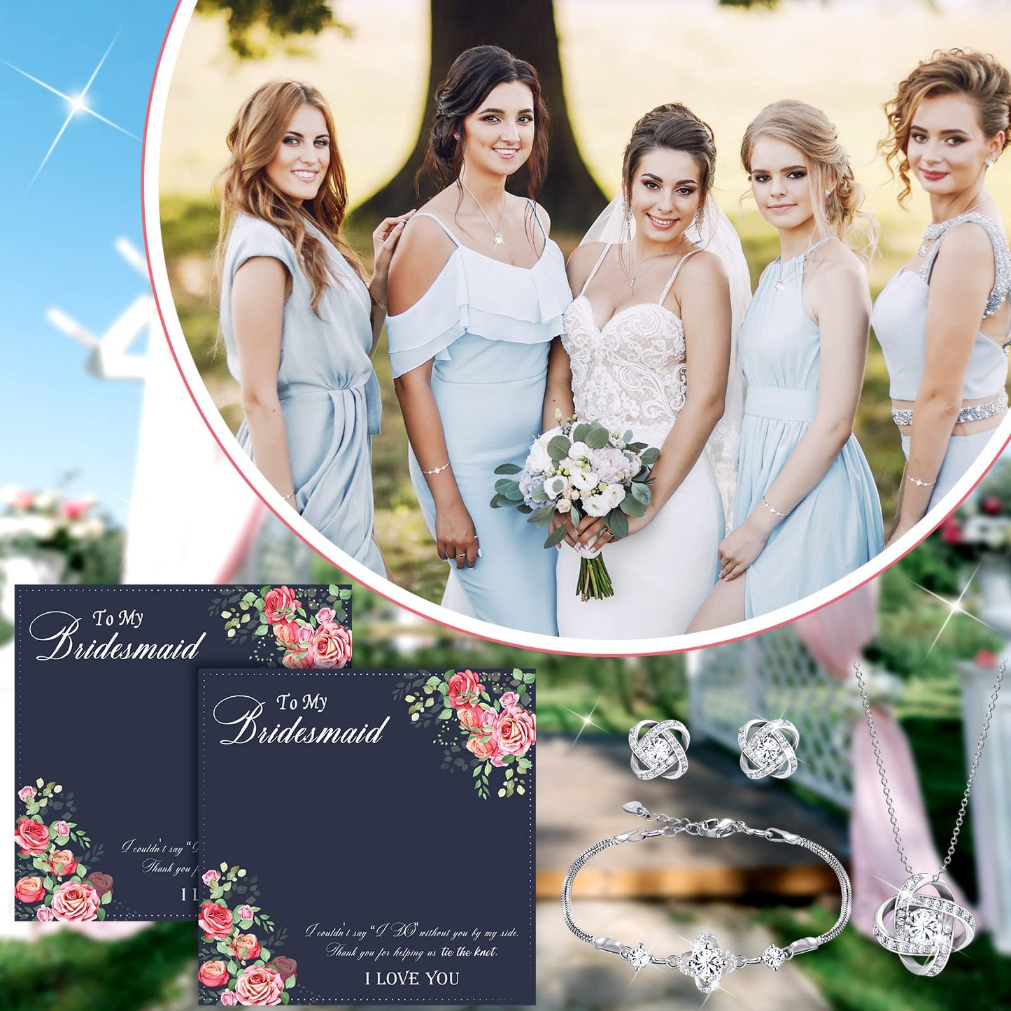 Yinkin 6 Bridesmaid Jewelry Sets Silver Wedding Jewelry Sets Will You Be My Bridesmaid Necklace Earrings Bracelet with Card Proposal Gift for Women Bridal Costume Accessories
