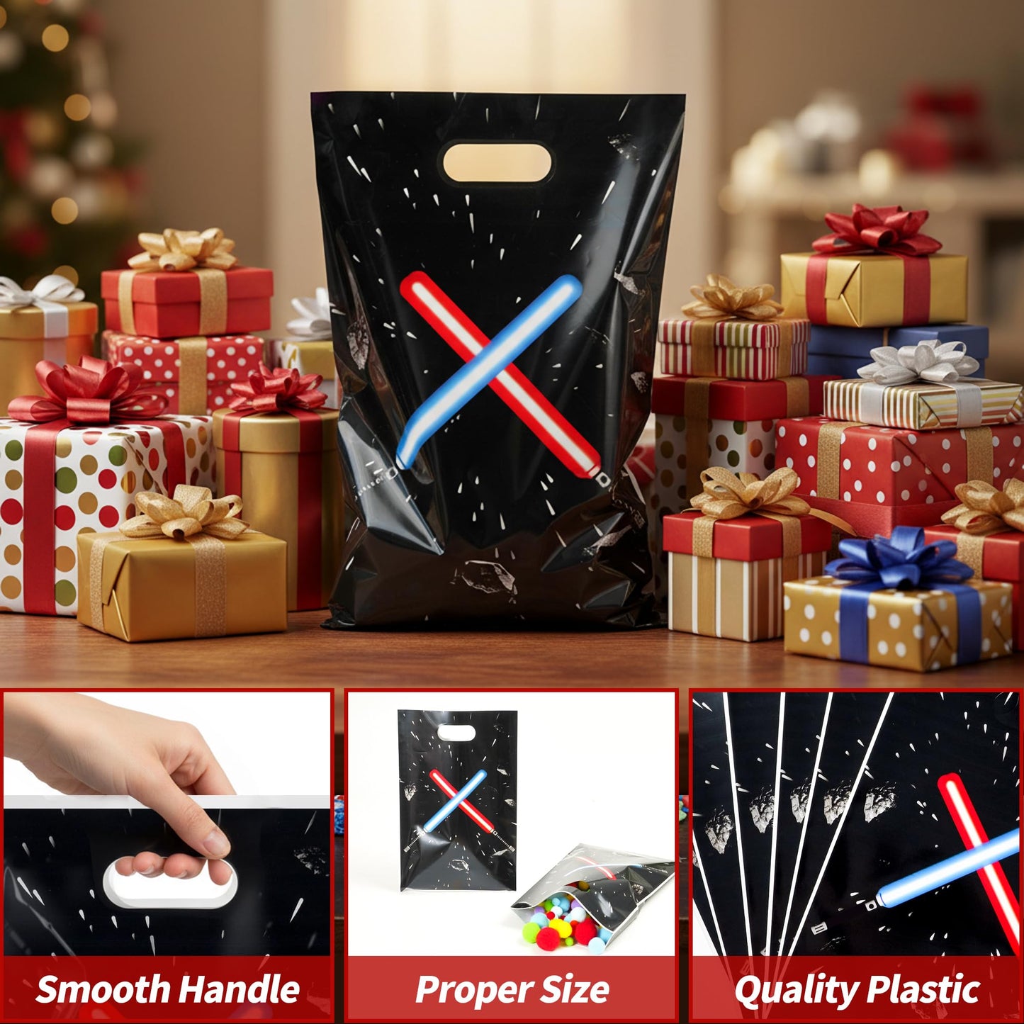 FestiVex 50Pcs Black Galaxy Themed Party Favors Gift Bag with Handle Universe Star Themed Plastic Goodie Bags for Kids Baby Shower Birthday Supplies Galaxy Christmas Halloween Party Decorations