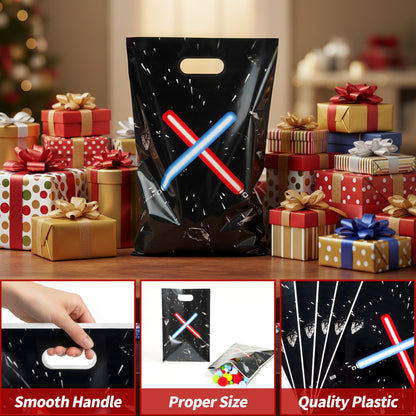FestiVex 50Pcs Black Galaxy Themed Party Favors Gift Bag with Handle Universe Star Themed Plastic Goodie Bags for Kids Baby Shower Birthday Supplies Galaxy Christmas Halloween Party Decorations